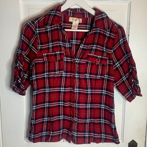 OP Short Sleeve Red Plaid Flannel Fitted Ruched Top Sz L